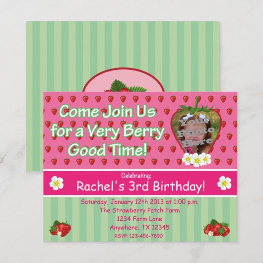 Aardbei Birthday Party Invitation Kaart (Voorkant / Achterkant)