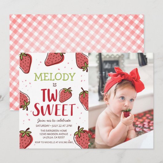 Aardbei Birthday Party ・ Two Sweet Invitation Kaart (Voorkant / Achterkant)