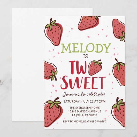Aardbei Birthday Party ・ Two Sweet Invitation Kaart (Voorkant / Achterkant)