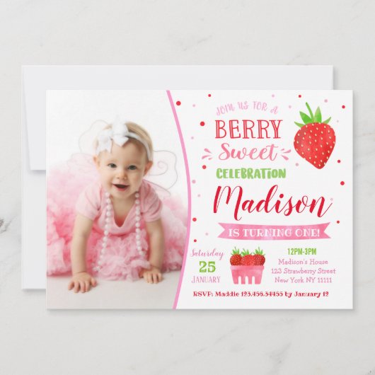 Aardbei Birthday Party-uitnodigingen met foto Kaart (Voorkant)