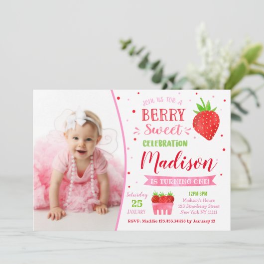 Aardbei Birthday Party-uitnodigingen met foto Kaart (Staand voorkant)