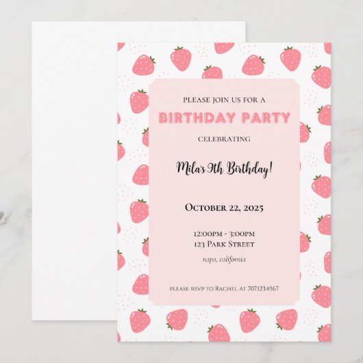 Aardbei Birthday Uitnodiging (Voorkant / Achterkant)