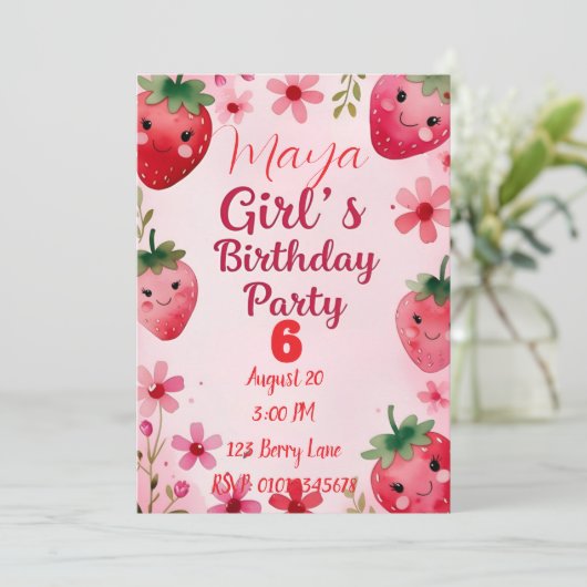 Aardbei Birthday Uitnodiging (Staand voorkant)