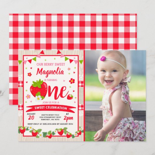 Aardbei Birthday Uitnodiging Berry Sweet Party (Voorkant / Achterkant)