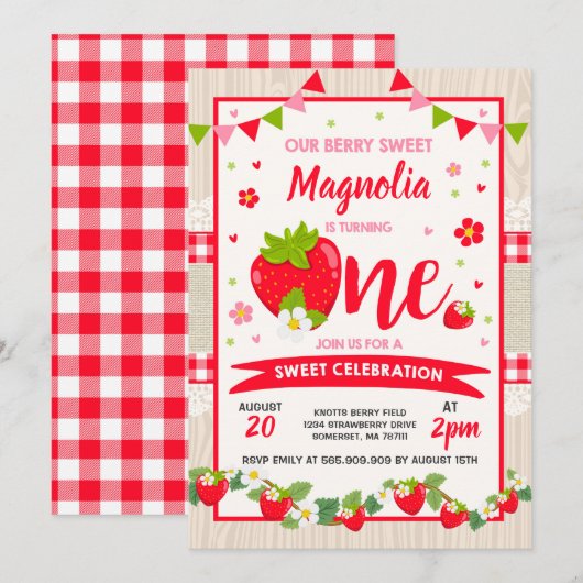 Aardbei Birthday Uitnodiging Berry Sweet Party (Voorkant / Achterkant)