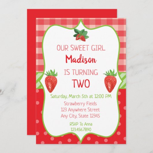 Aardbei Birthday Uitnodiging Berry Sweet Party (Voorkant / Achterkant)