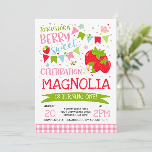 Aardbei Birthday Uitnodiging Berry Sweet Party (Staand voorkant)