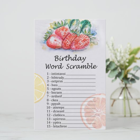 Aardbei Birthday Word Scramble Game (Staand voorkant)