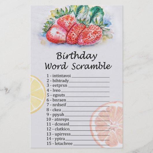 Aardbei Birthday Word Scramble Game (Voorkant)
