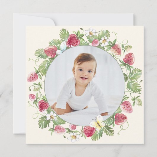 Aardbei Bloemen Foto Meisje Berry Eerste verjaarda Kaart (Achterkant)