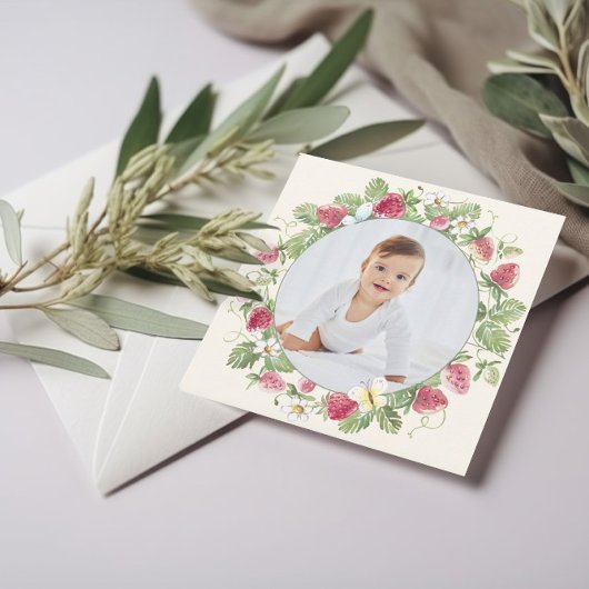 Aardbei Bloemen Foto Meisje Berry Eerste verjaarda Kaart