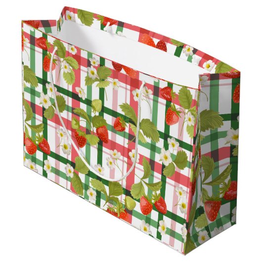 Aardbei Bloemen Roze en Groen Plaid Groot Cadeauzakje (Achterkant Gekanteld)