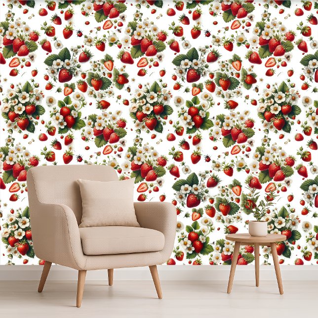 Aardbei Bloemige Botanische Cottage Behang (Strawberry Floral Botanical Cottage Wallpaper)