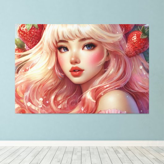 Aardbei blond meisje Stretched Canvas Print (Insitu (Houten vloer))