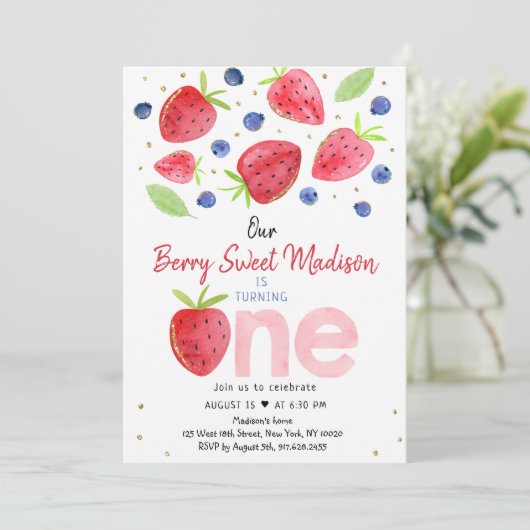 Aardbei Blueberry Berry Sweet First Birthday Kaart (Staand voorkant)