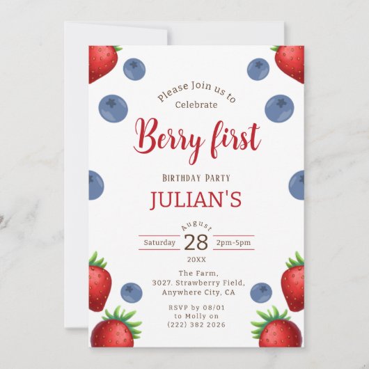 Aardbei & Blueberry Meisje Eerste Berry Verjaardag Kaart (Voorkant)