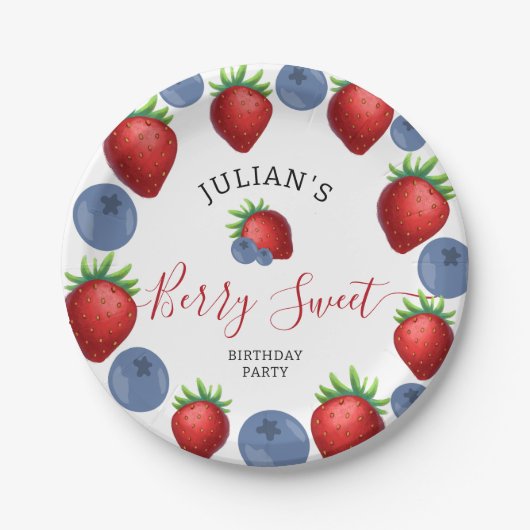 Aardbei & Blueberry Meisje Verjaardagsfeest Papieren Bordje (Voorkant)