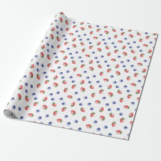 Aardbei Blueberry Pattern Berry Sweet White Cadeaupapier (Uitgerold)