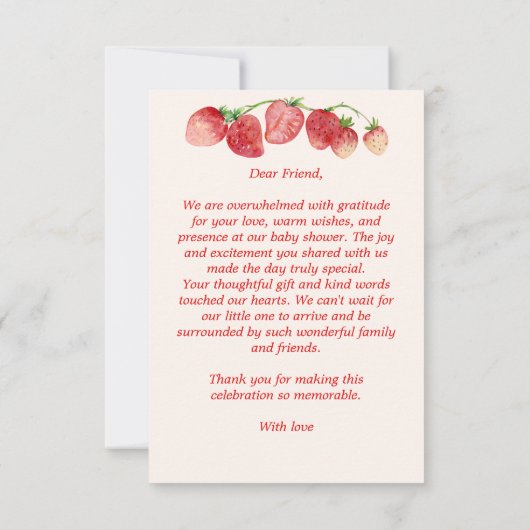 Aardbei boog lint coquette baby shower bedankkaart (Achterkant)