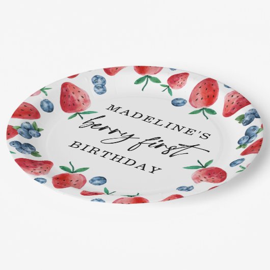 Aardbei bosbessen eerste meisje 1e verjaardag papieren bordje (Gekanteld)