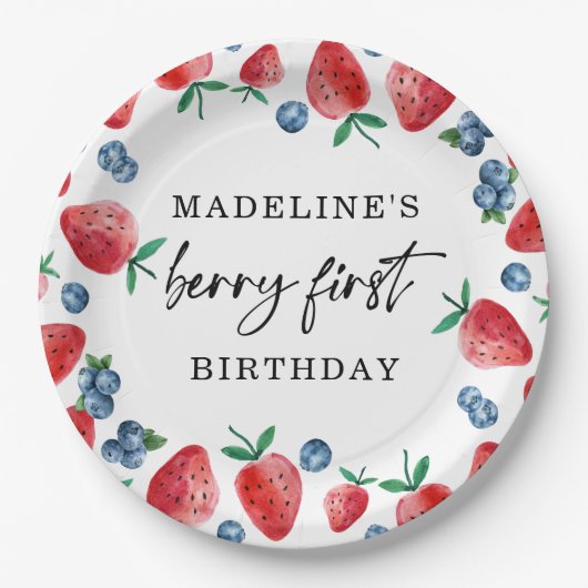 Aardbei bosbessen eerste meisje 1e verjaardag papieren bordje (Voorkant)