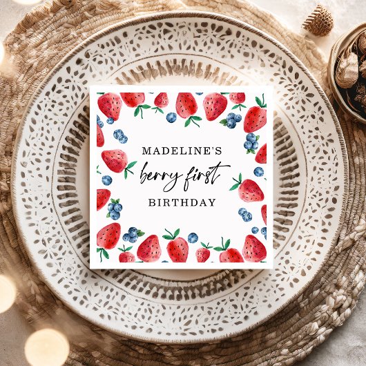 Aardbei bosbessen eerste meisje 1e verjaardag servet