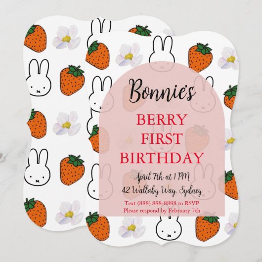 Aardbei Bunny Verjaardag Uitnodiging (Voorkant / Achterkant)