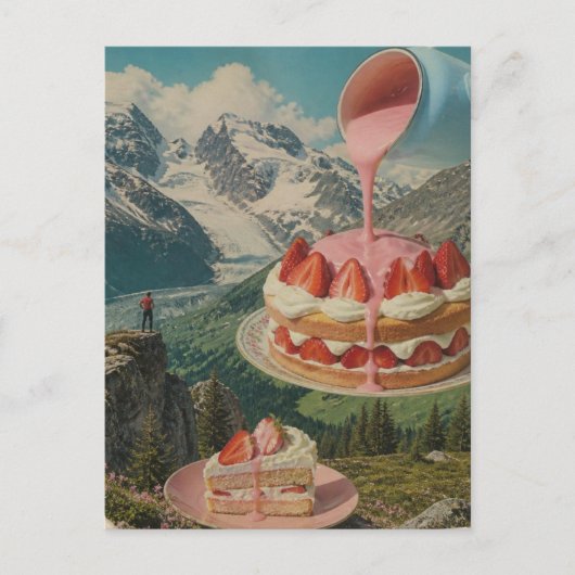 Aardbei Cake Berg Surreal Retro Kunst Briefkaart (Voorkant)