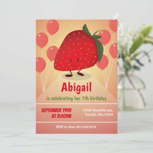 Aardbei Cartoon Verjaardagsuitnodiging Kaart (Staand voorkant)