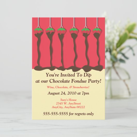 Aardbei & Chocolade Fondue Feest Uitnodiging (Staand voorkant)