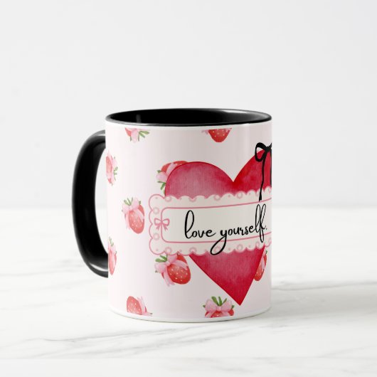 Aardbei Coquette Love Yourself Positiviteit Mok (Voorkant links)