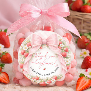 Aardbei Coquette Roze Strik Baby Shower Bedankt Ronde Sticker