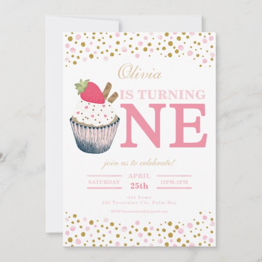 Aardbei Cupcake 1e verjaardag uitnodiging – Sweet (Voorkant)