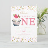Aardbei Cupcake 1e verjaardag uitnodiging – Sweet (Staand voorkant)