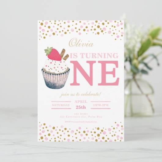 Aardbei Cupcake 1e verjaardag uitnodiging – Sweet (Staand voorkant)