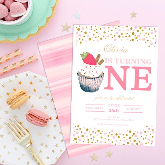 Aardbei Cupcake 1e verjaardag uitnodiging – Sweet