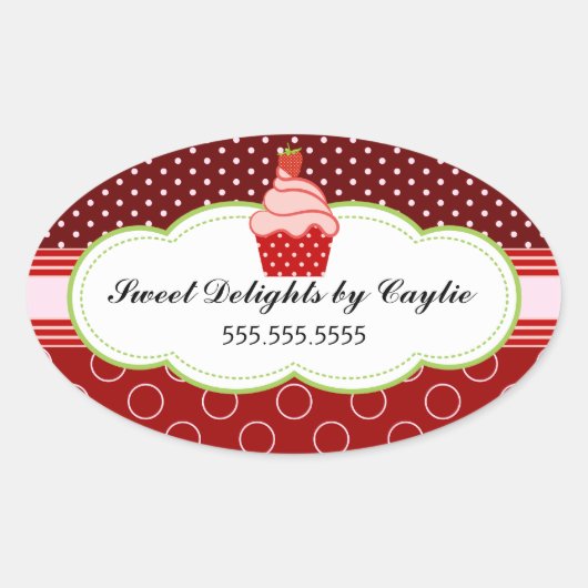 Aardbei Cupcake Bakkerij Cake Box Seals Ovale Sticker (Voorkant)