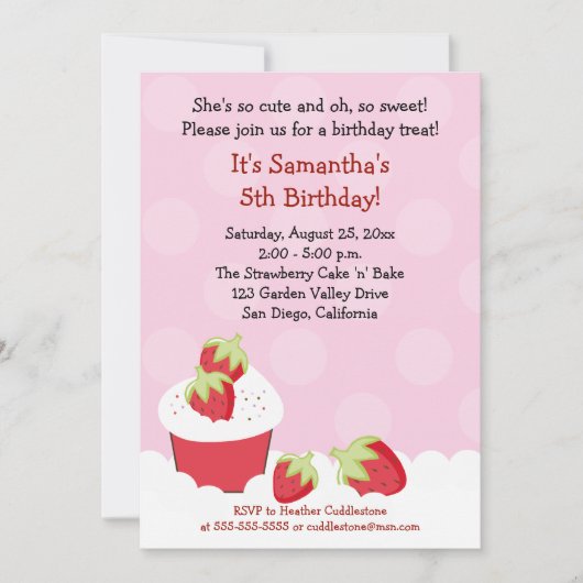 Aardbei Cupcake Birthday Party 5x7 Uitnodiging (Voorkant)