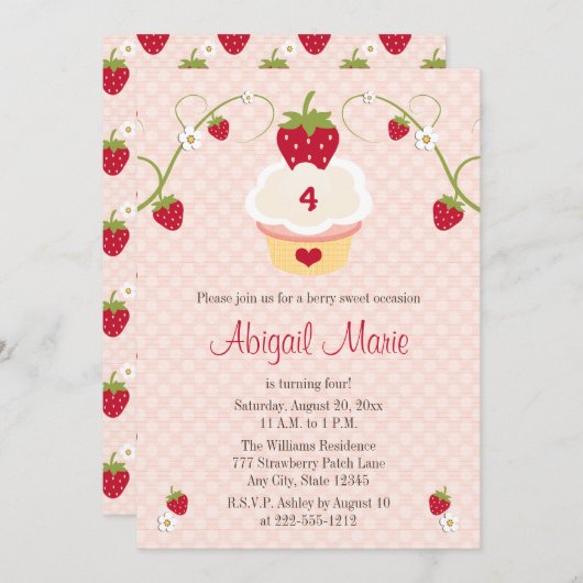 Aardbei cupcake Birthday Uitnodiging Elke leeftijd (Voorkant / Achterkant)