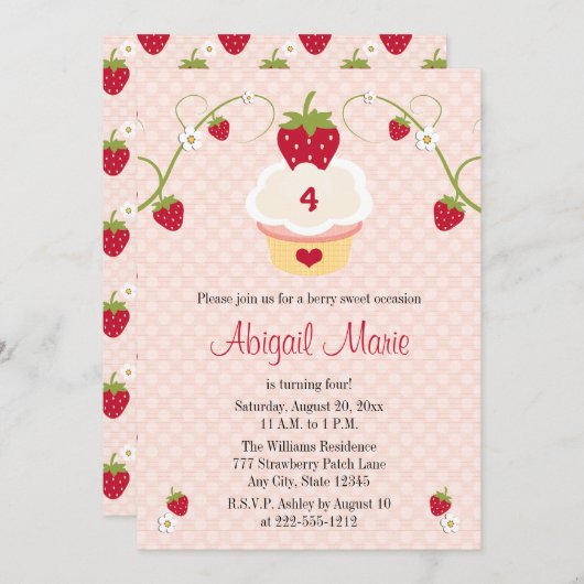Aardbei cupcake Birthday Uitnodiging Elke leeftijd (Voorkant / Achterkant)