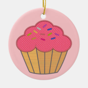 Aardbei Cupcake Faux borduurwerk Print Keramisch Ornament