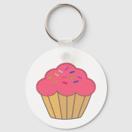 Aardbei Cupcake Faux borduurwerk Print Sleutelhanger (Voorkant)