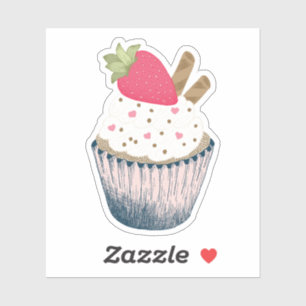Aardbei Cupcake Sticker – Roze Hart Sprinkles