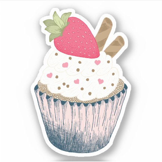 Aardbei Cupcake Sticker – Roze Hart Sprinkles (Voorkant)