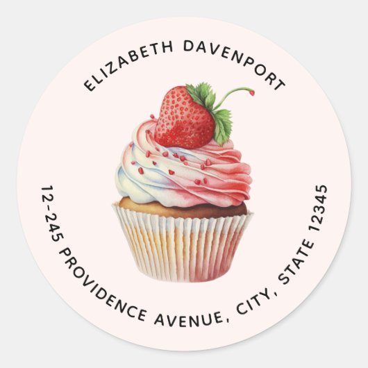Aardbei Cupcake Sweet Dessert Adres Ronde Sticker (Voorkant)