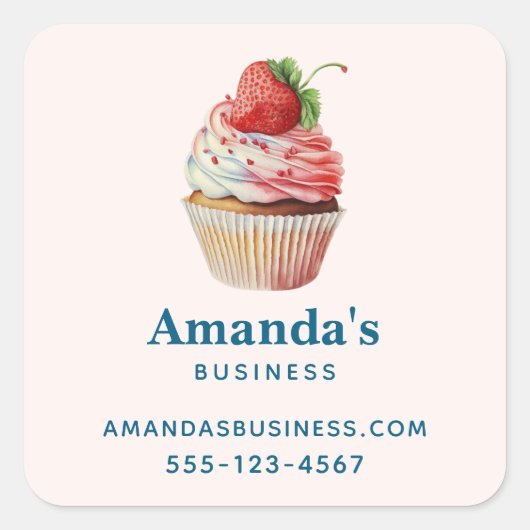 Aardbei Cupcake Sweet Dessert Business Vierkante Sticker (Voorkant)