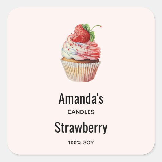 Aardbei Cupcake Sweet Dessert Candle Business Vierkante Sticker (Voorkant)