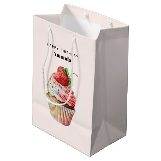 Aardbei Cupcake Sweet Dessert Verjaardag Medium Cadeauzakje (Achterkant Gekanteld)