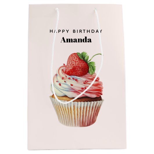 Aardbei Cupcake Sweet Dessert Verjaardag Medium Cadeauzakje (Voorkant)