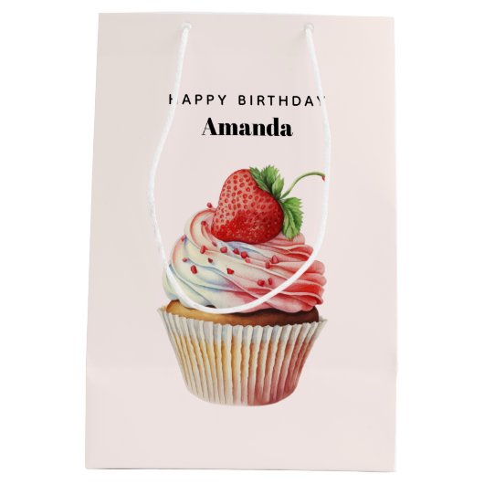 Aardbei Cupcake Sweet Dessert Verjaardag Medium Cadeauzakje (Achterkant)